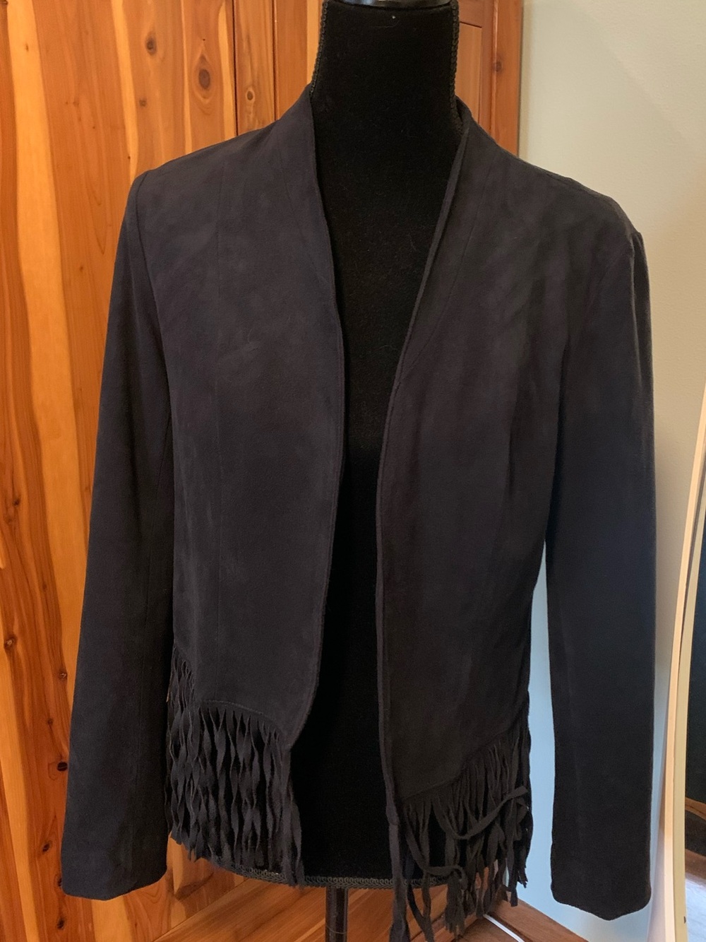 Inc Faux Suede Fringe Open-Front Jacket - Black